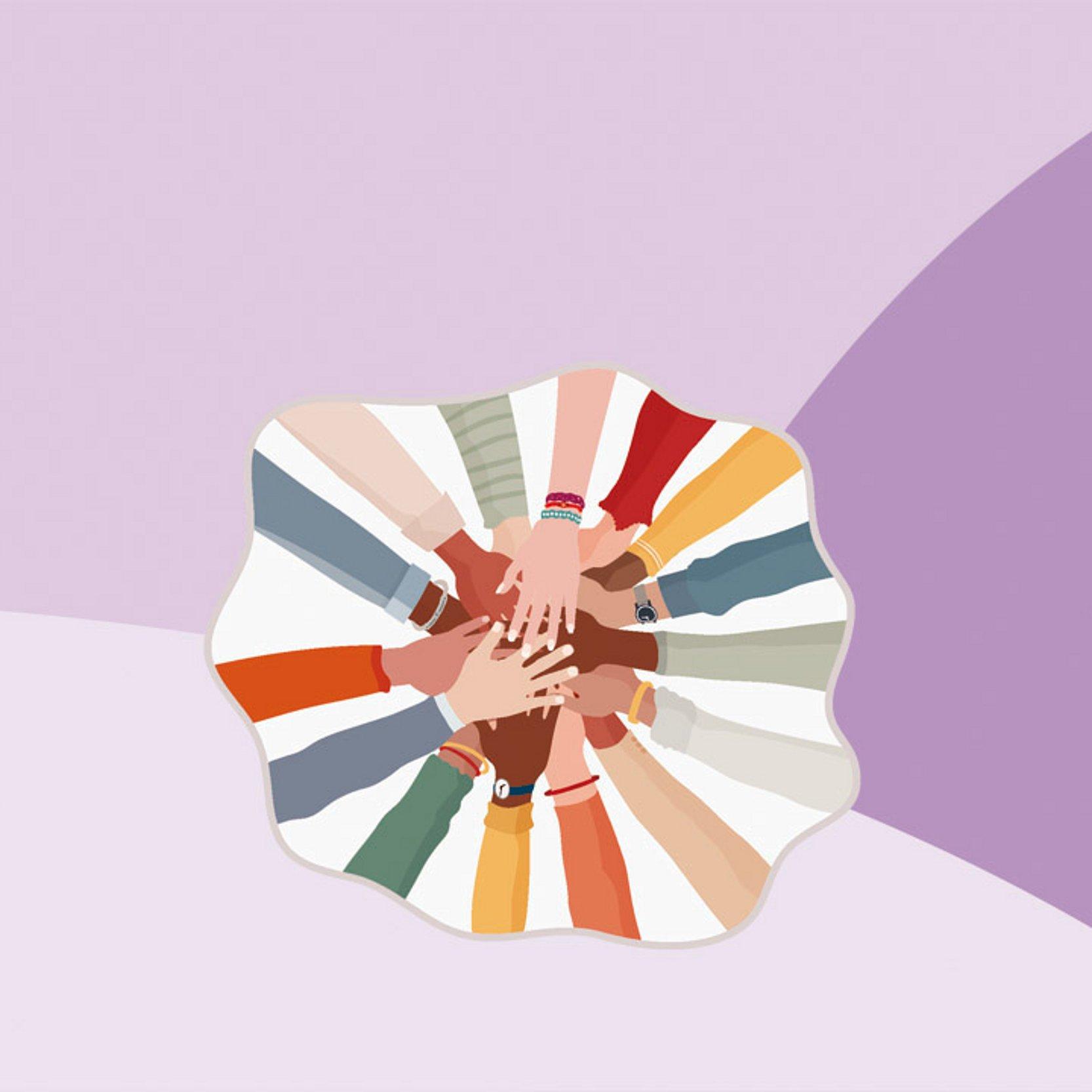 Antirassismus Grafik mit Händen unterschiedlicher Hautfarbe, die übereinander gelegt sind