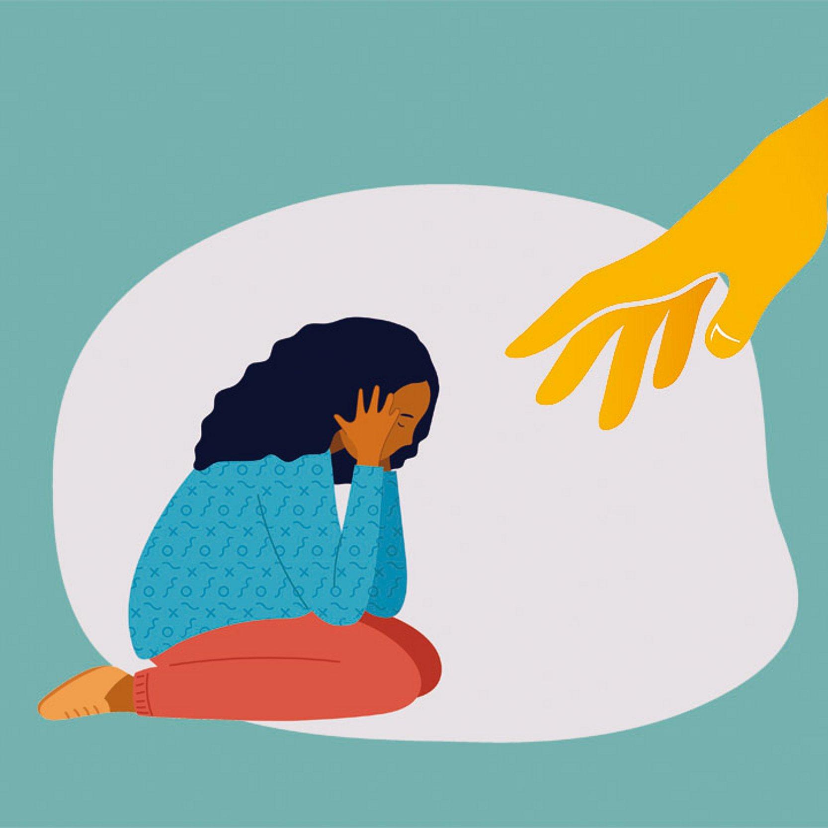 Trauerhilfe Grafik: Eine Frau kauert traurig am Boden, von oben rechts erscheint eine helfende Hand