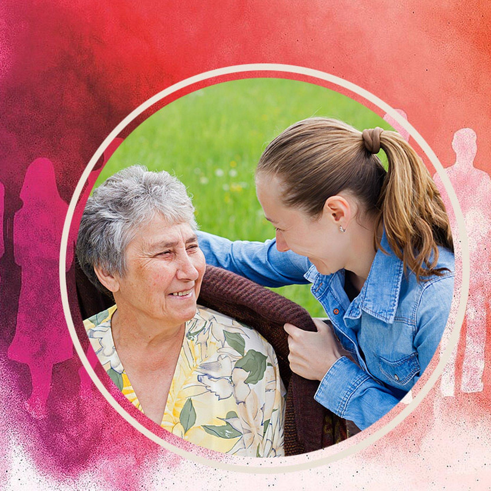 Demenz und Angehörige Eine Enkelin wendet sich einer alten Dame zu