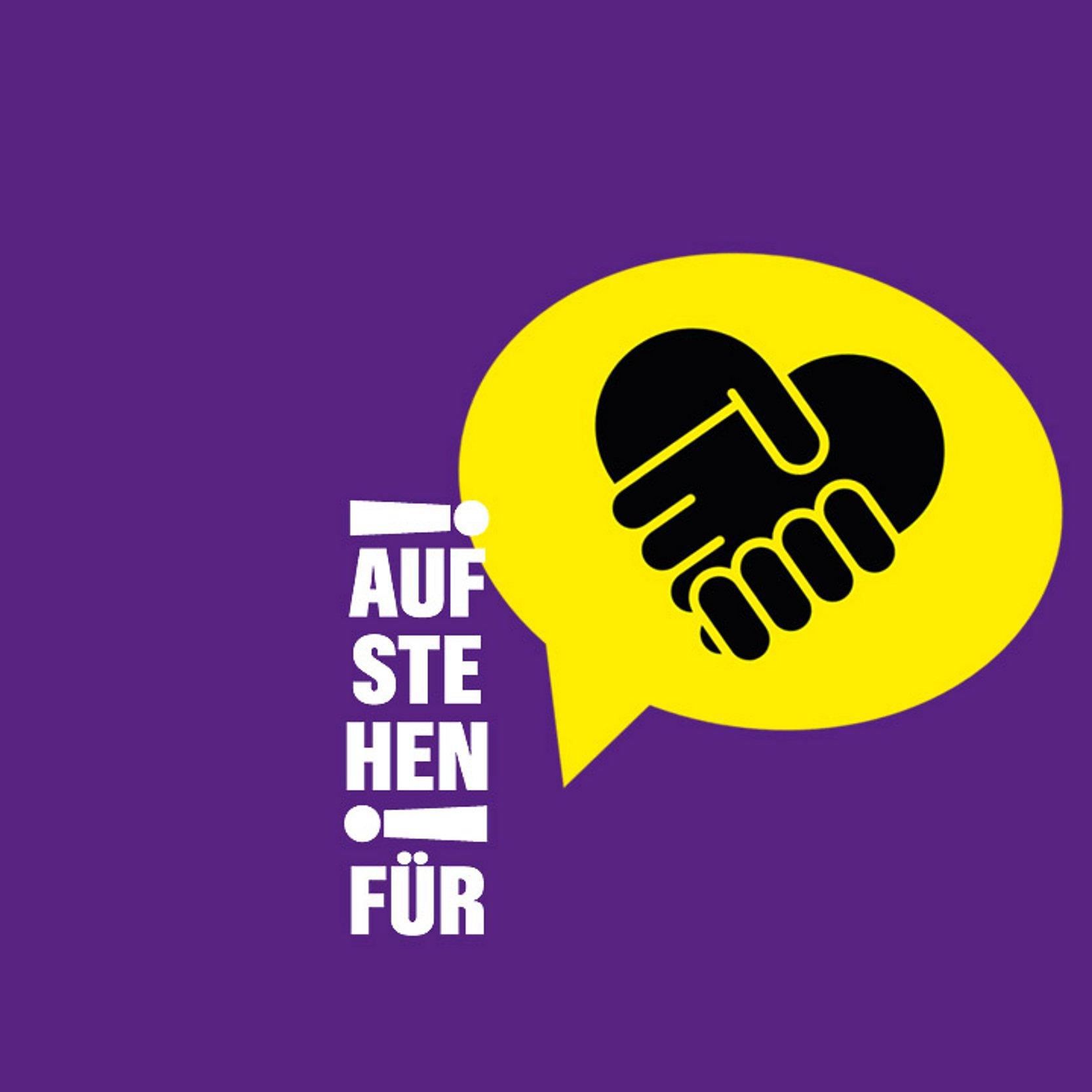 Aufstehen für Logo aus Worten: Aufstehen für! mit gelber Sprechblase, auf der ein Händedruck zu sehen ist