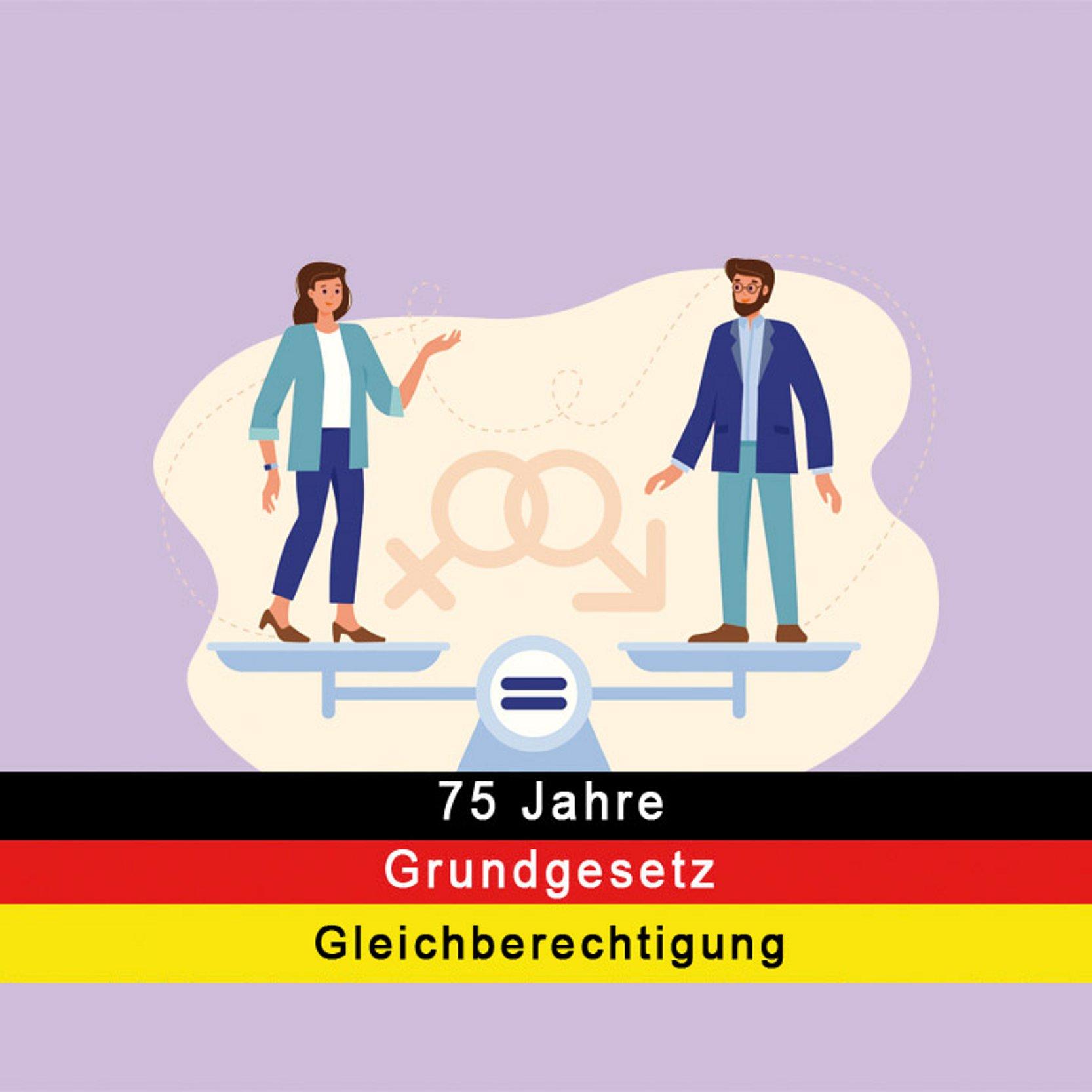 Gleichberechtigung Frau und Mann auf je einer Waag-Schale - beide auf gleicher Ebene