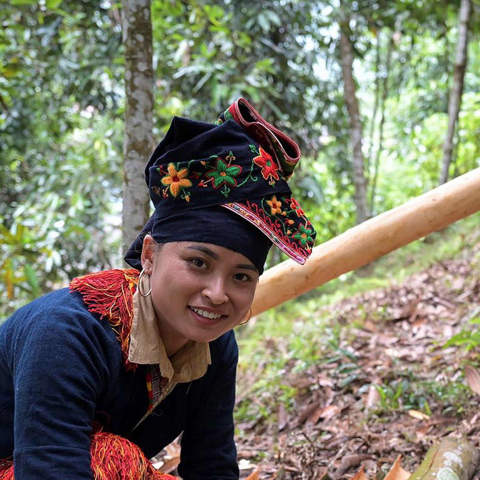 Zimtanbau - Brot für die Welt Frau mit wertvoller Tracht kniet neben Baumrindenstücken in einem Wald