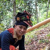 Zimtanbau - Brot für die Welt Frau mit wertvoller Tracht kniet neben Baumrindenstücken in einem Wald