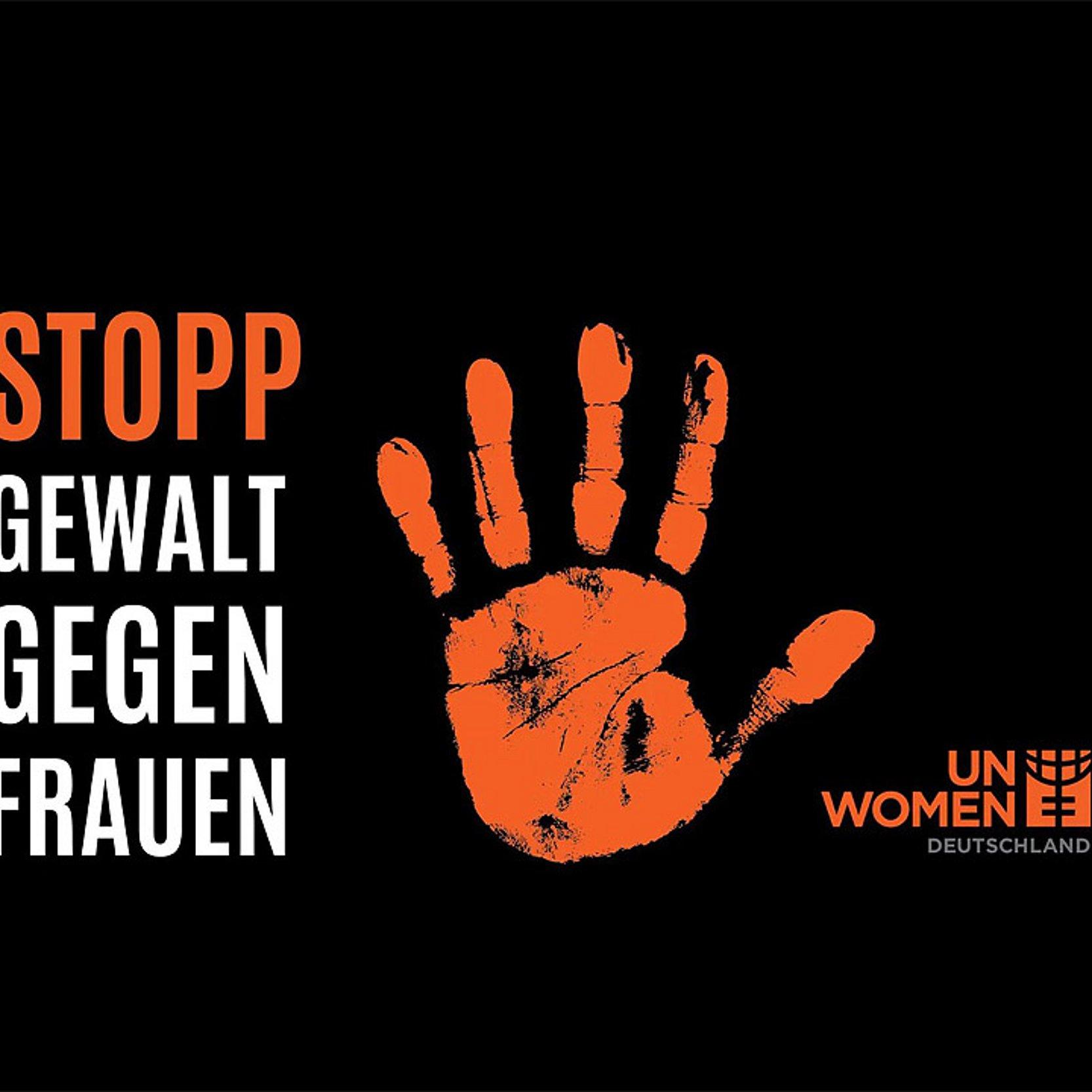 Orange The World Orangene Hand auf schwarzem Grund: Stopp Gewalt gegen Frauen