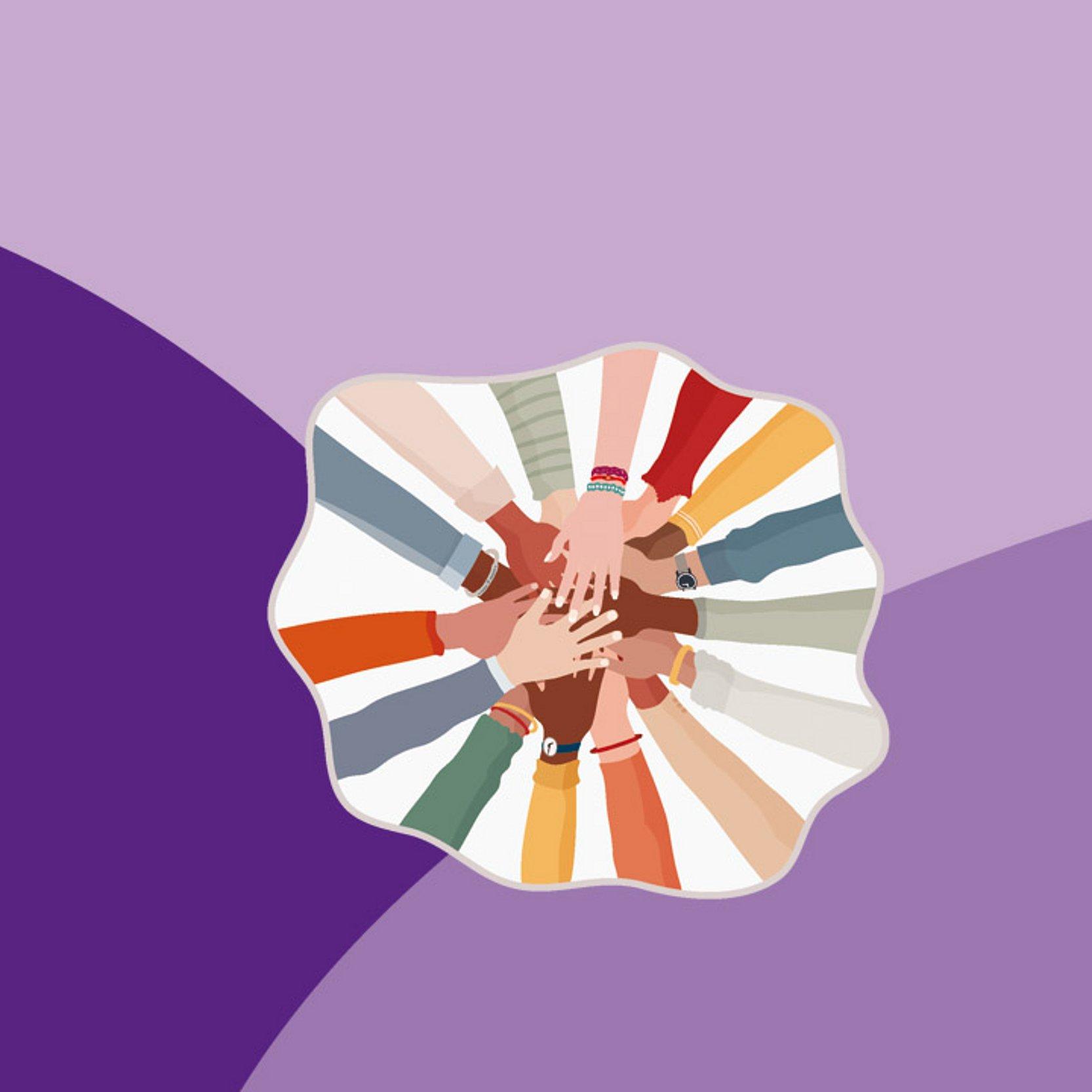 Antirassismus Grafik mit Händen unterschiedlicher Hautfarbe, die übereinander gelegt sind