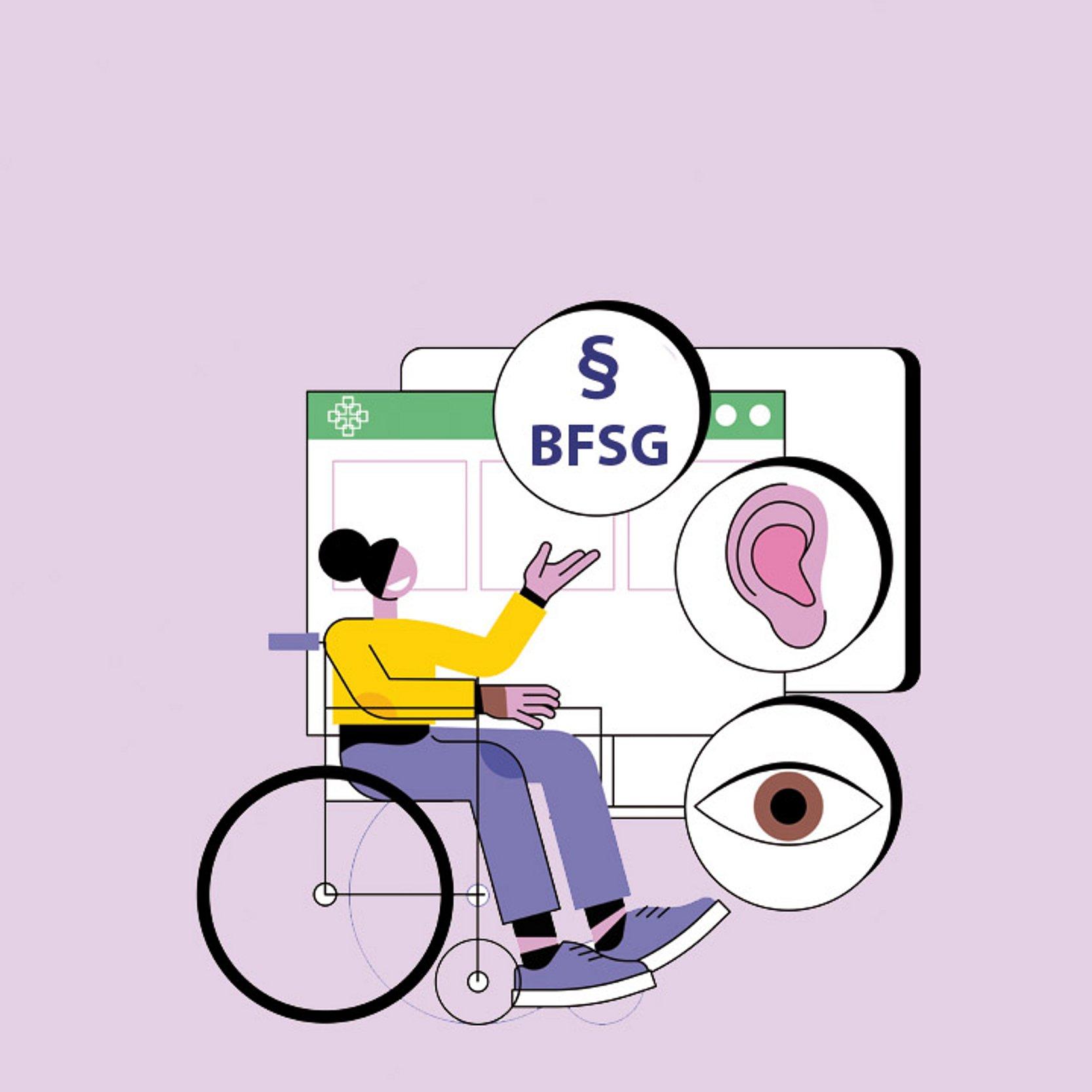 Barrierefreiheitsstärkungsgesetz (BFSG) Grafik mit Frau im Rollstuhl vor stilisierter Website, dazu Symbole wie Auge, Ohr und §BFSG