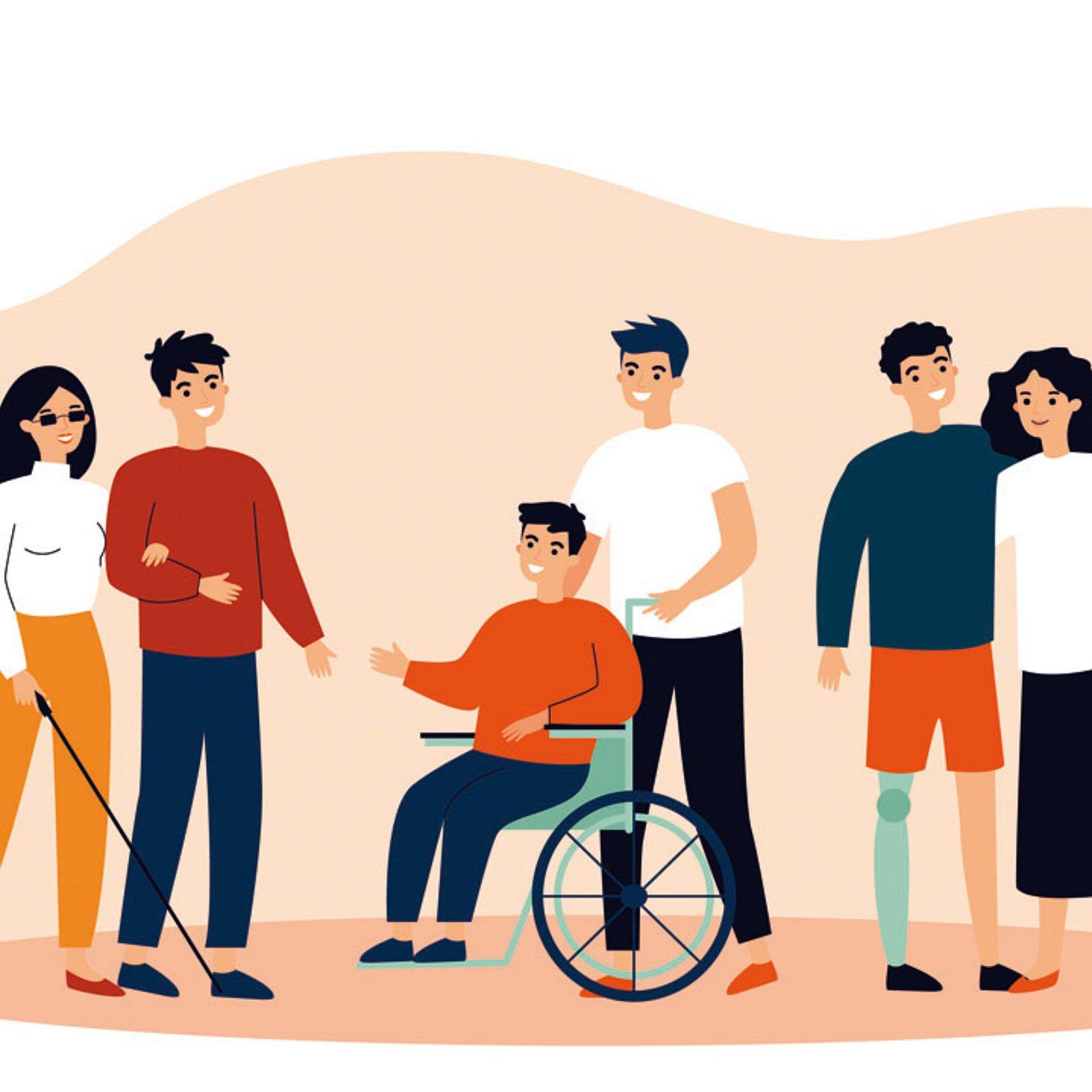 Freiwilligendienste  Grafik mit unterschiedlichen helfenden Tätigkeiten: Begleitung einer blinden Person, schieben eines Rollstuhls