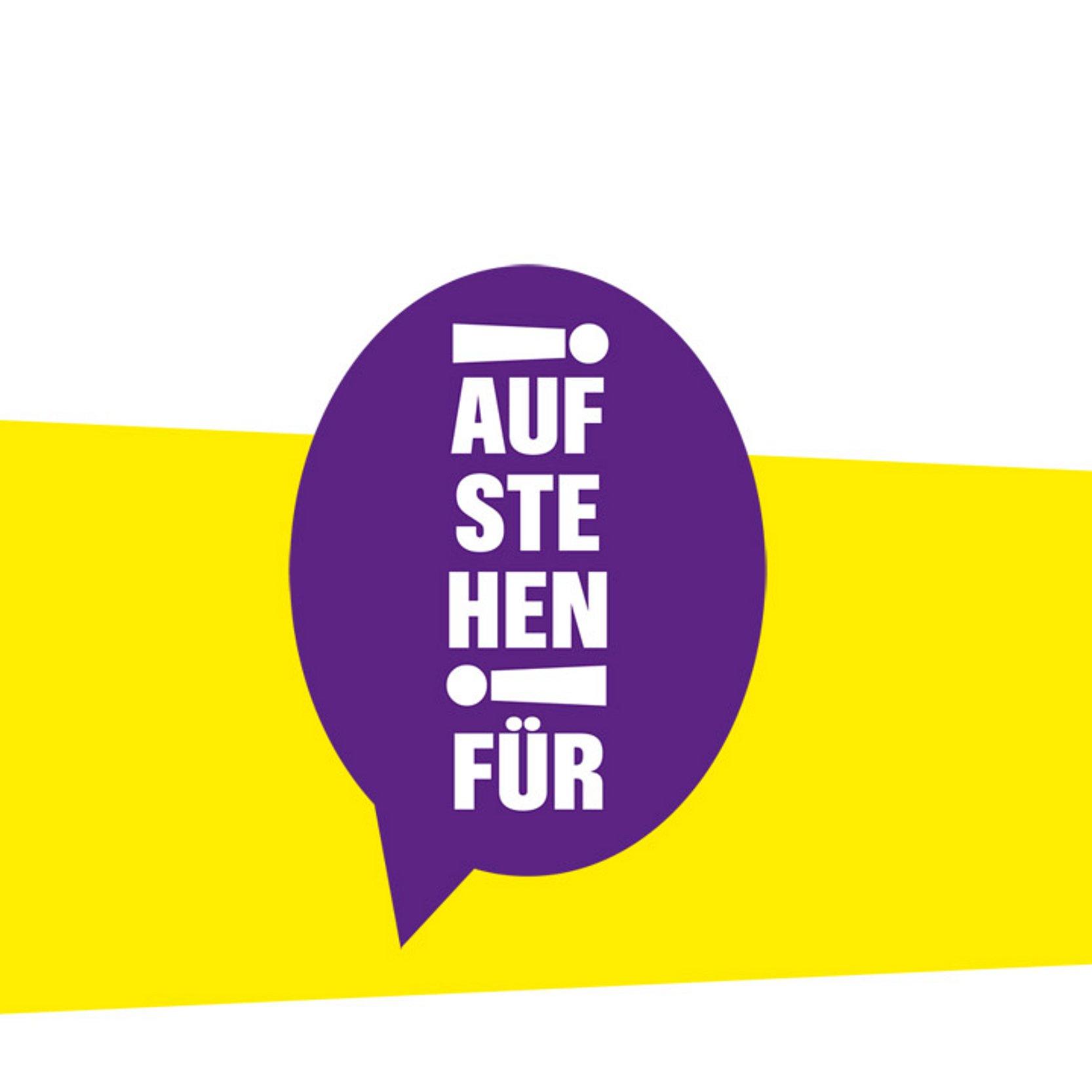 Aufstehen für Logo "Aufstehen für" in einer violetten Sprechblase