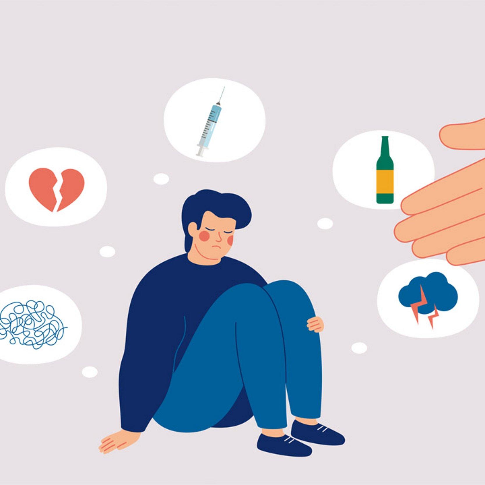 Hilfe bei Suchterkrankung Grafik: Mann sitzt, um ihn herum Gedankenblasen mit zerbrochenem Herz, Spritze, Alkoholflasche, einer Gewitterwolke und einem verwirrenden Faden-Knäul