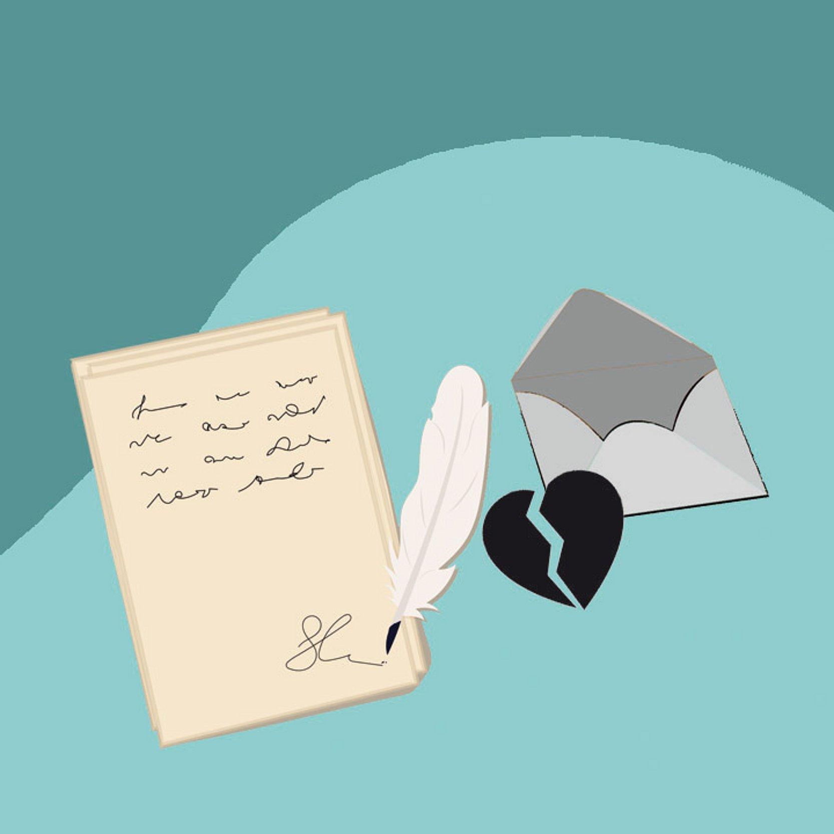 Kondolenz Grafik mit Briefumschlag, Briefbogen und Schreibfeder