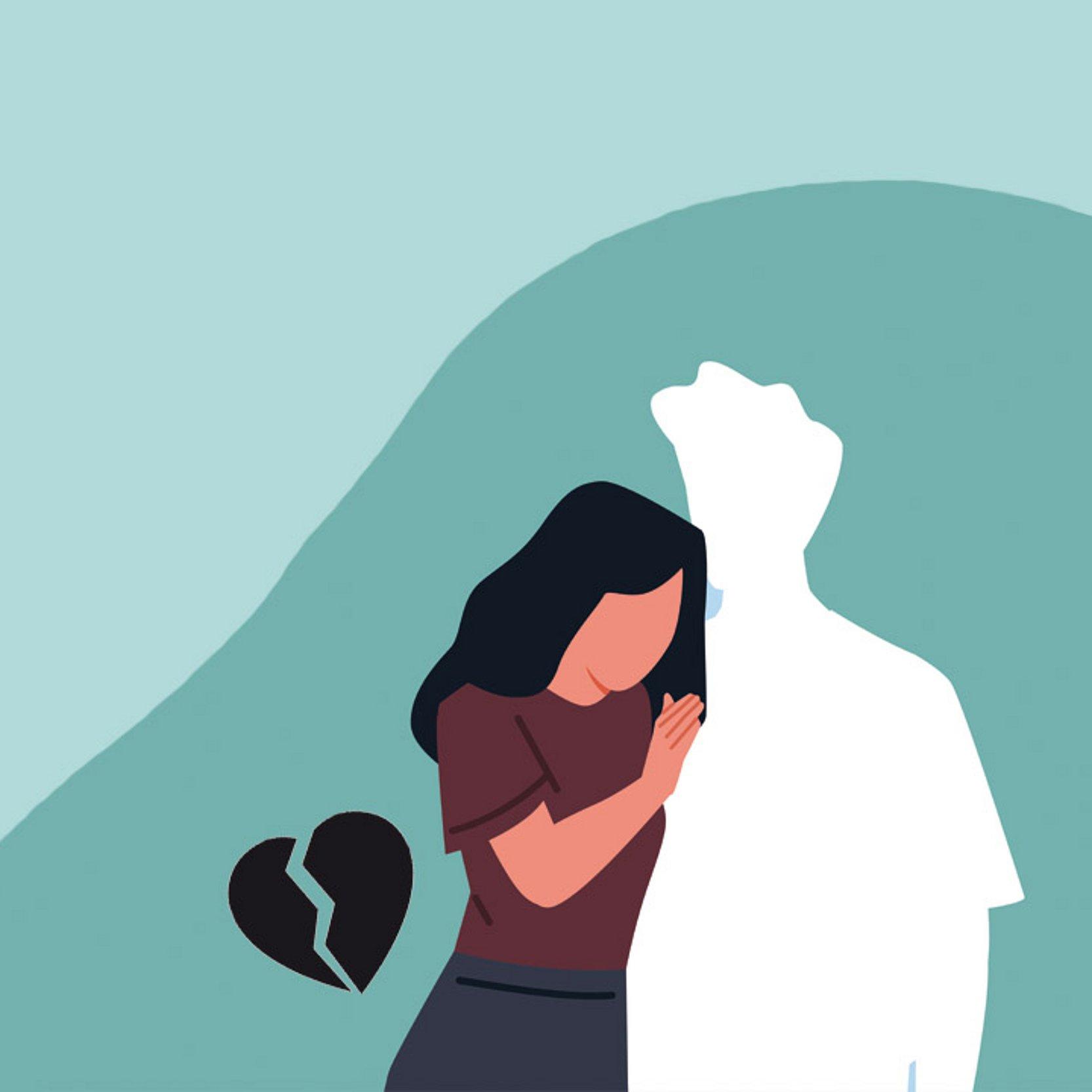 Trauer Grafik einer trauernden Frau, die sich gegen eine weiße Silhouette lehnt, die eine verstorbene, nahestehende Person symbolisiert