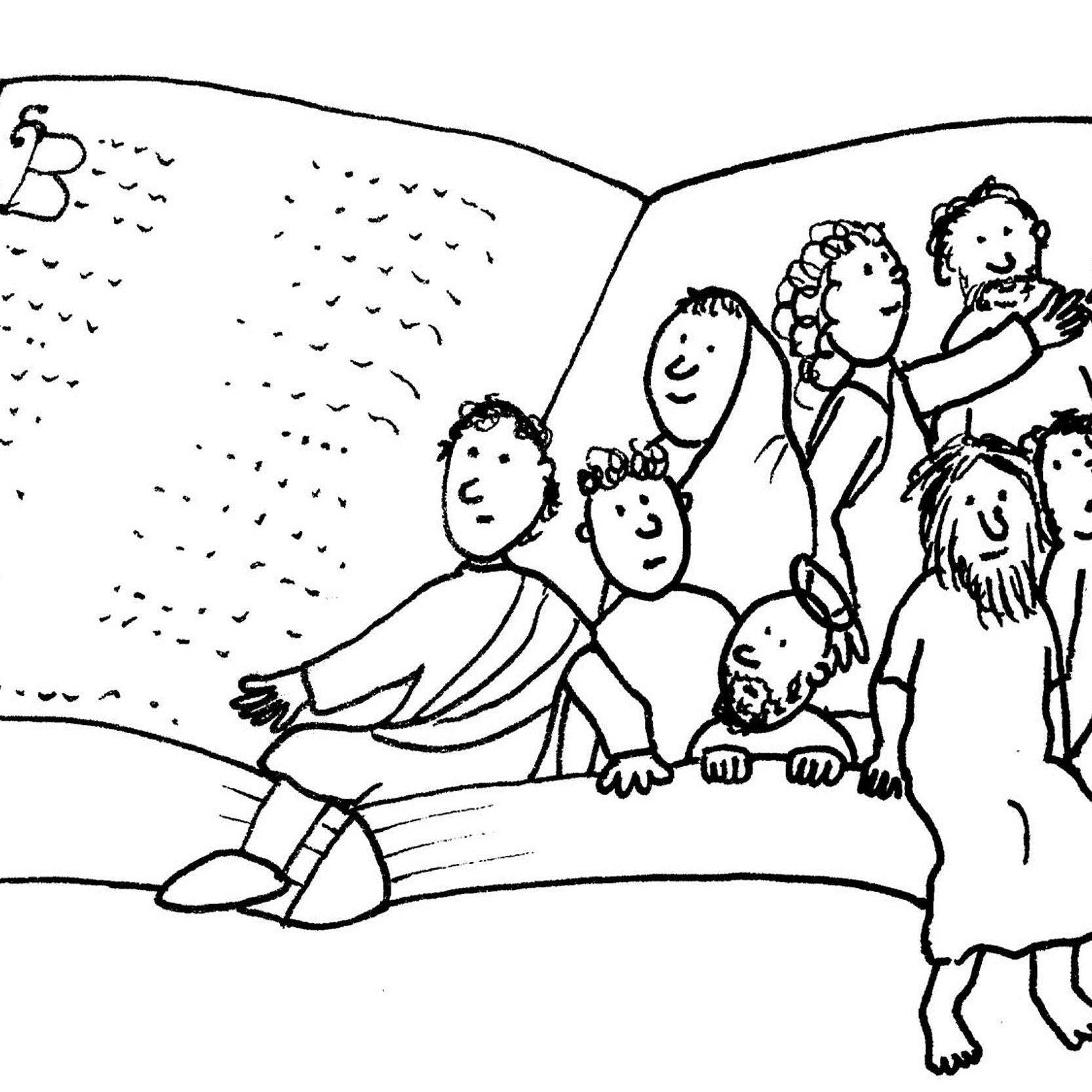 In einer schwarz-weiß-Zeichnung klettern Menschen verschiedenen Geschlechtes und Kinder aus der Bibel.