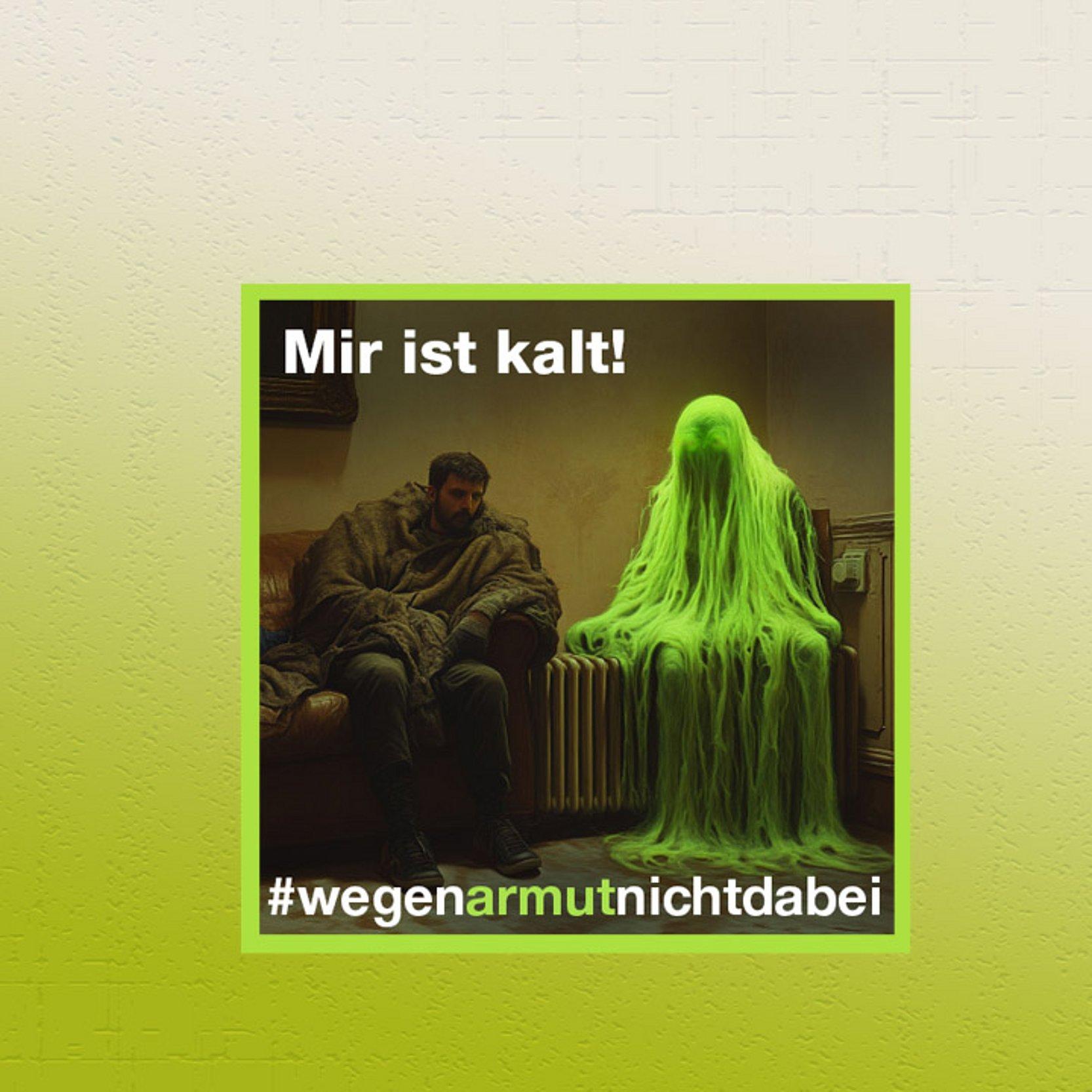 Armut im Winter Frierender Mann und ein giftgrünes Gespenst - Symbol für Armut