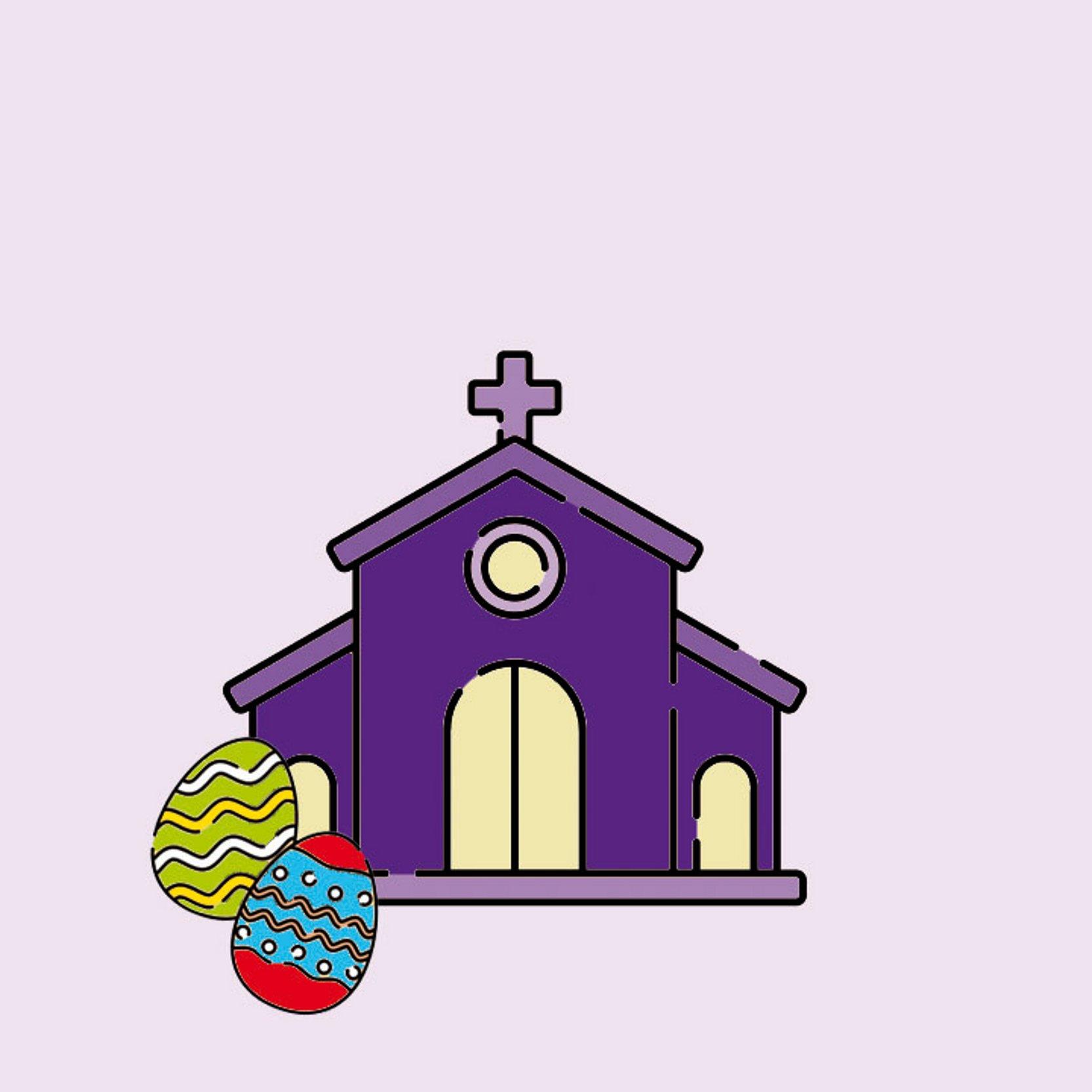 Ostergottesdienste Grafik mit Kirche und bunten Ostereiern