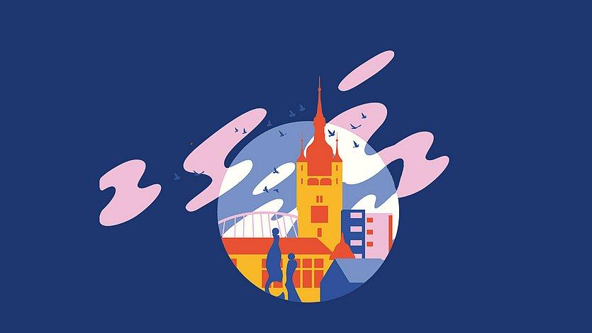 Hoffnungskulturfest Grafik mit Kirchturm und Häusern