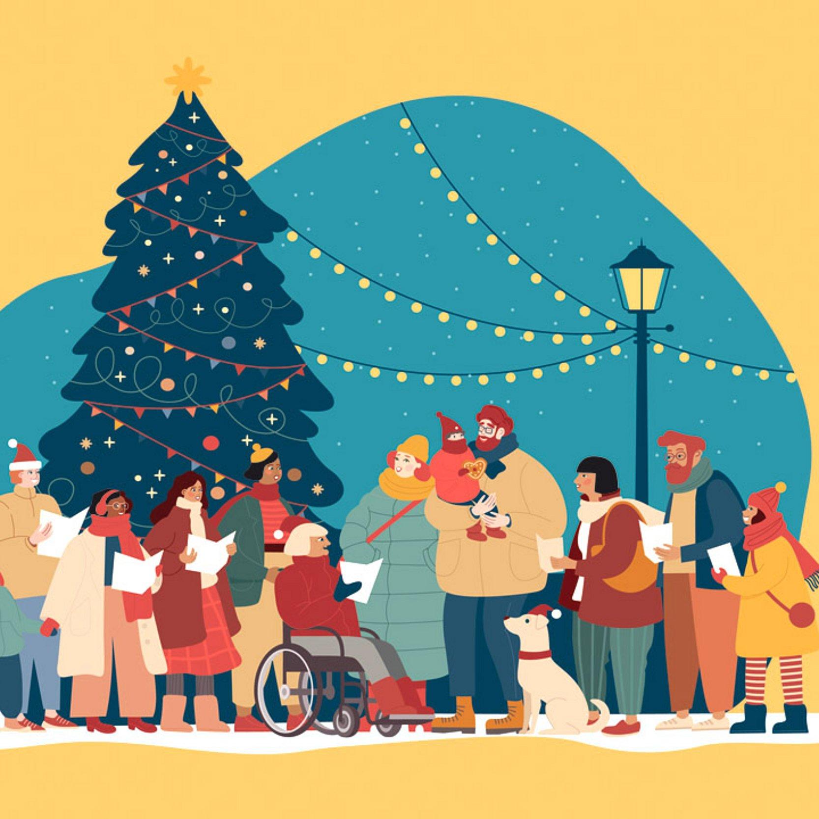 Weihnachtslieder Grafik mit einer singenden Menschengruppe vor einem Weihnachtsbaum