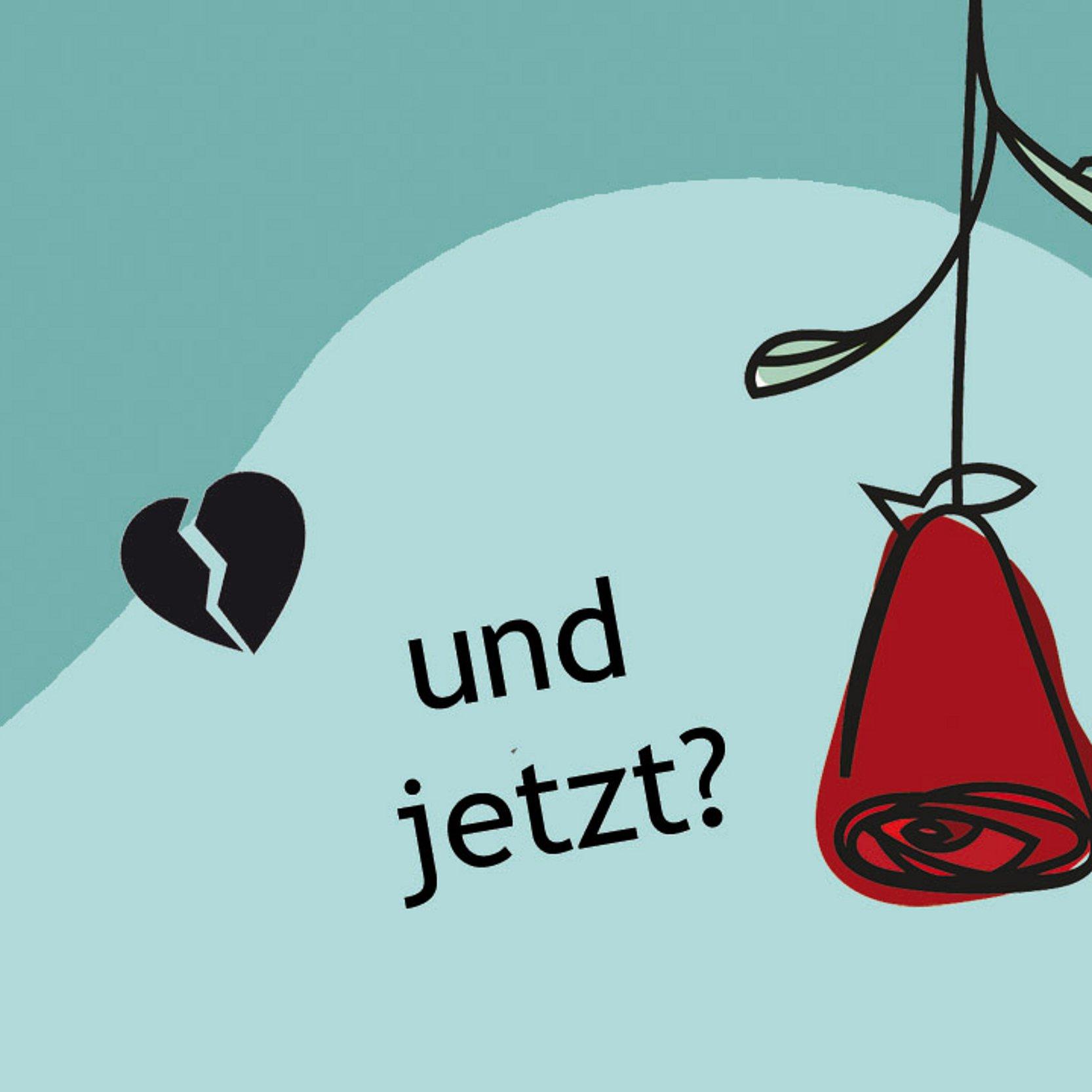 Weiterleben nach dem Traufall Grafik: Rote Rose mit Kopf nach unten auf türkisenem Grund