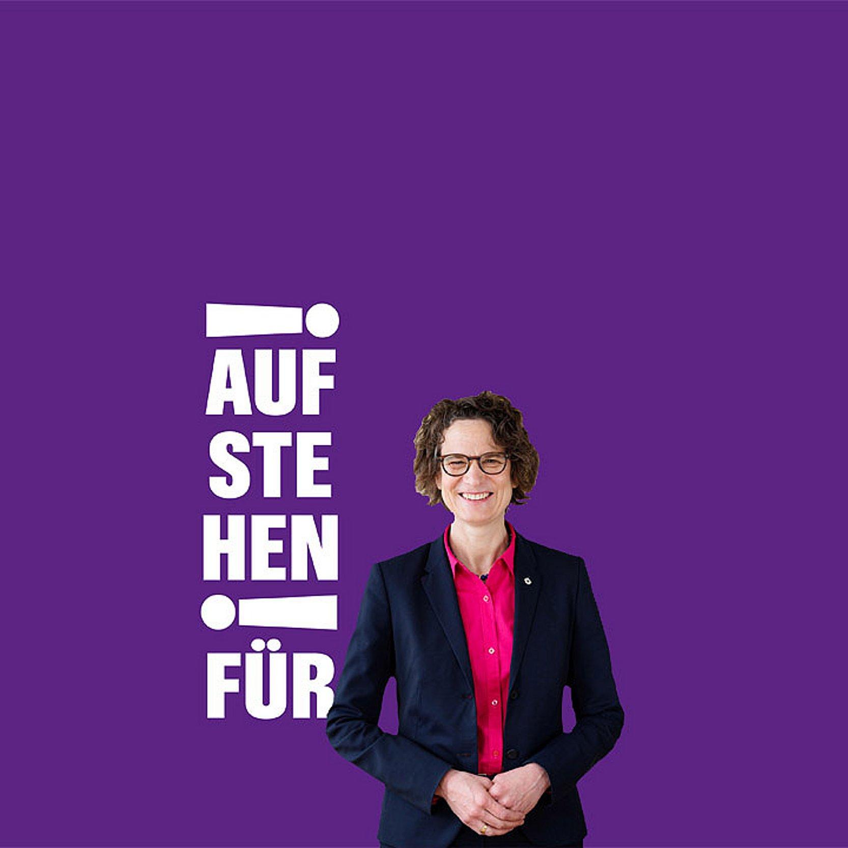 Christiane Tietz und Wahlaufruf Kirchenpräsidentin Tietz neben Wahlaufruf "Aufstehen für"