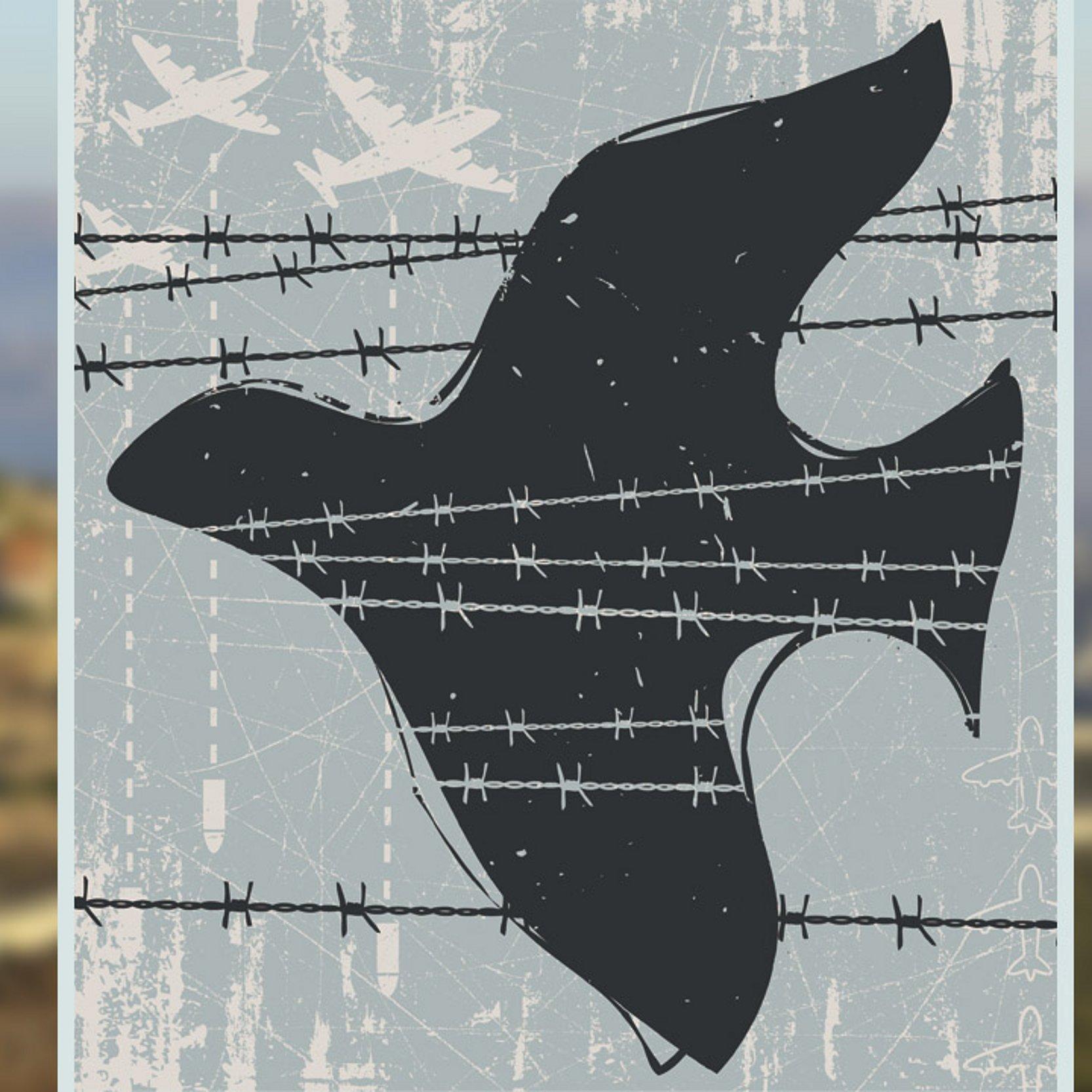 Nahost-Krieg im Libanon Verschwommene Landschaft des Südlibanon, davor ein Grafik mit Friedenstaube, die sich im Stacheldraht verfangen hat