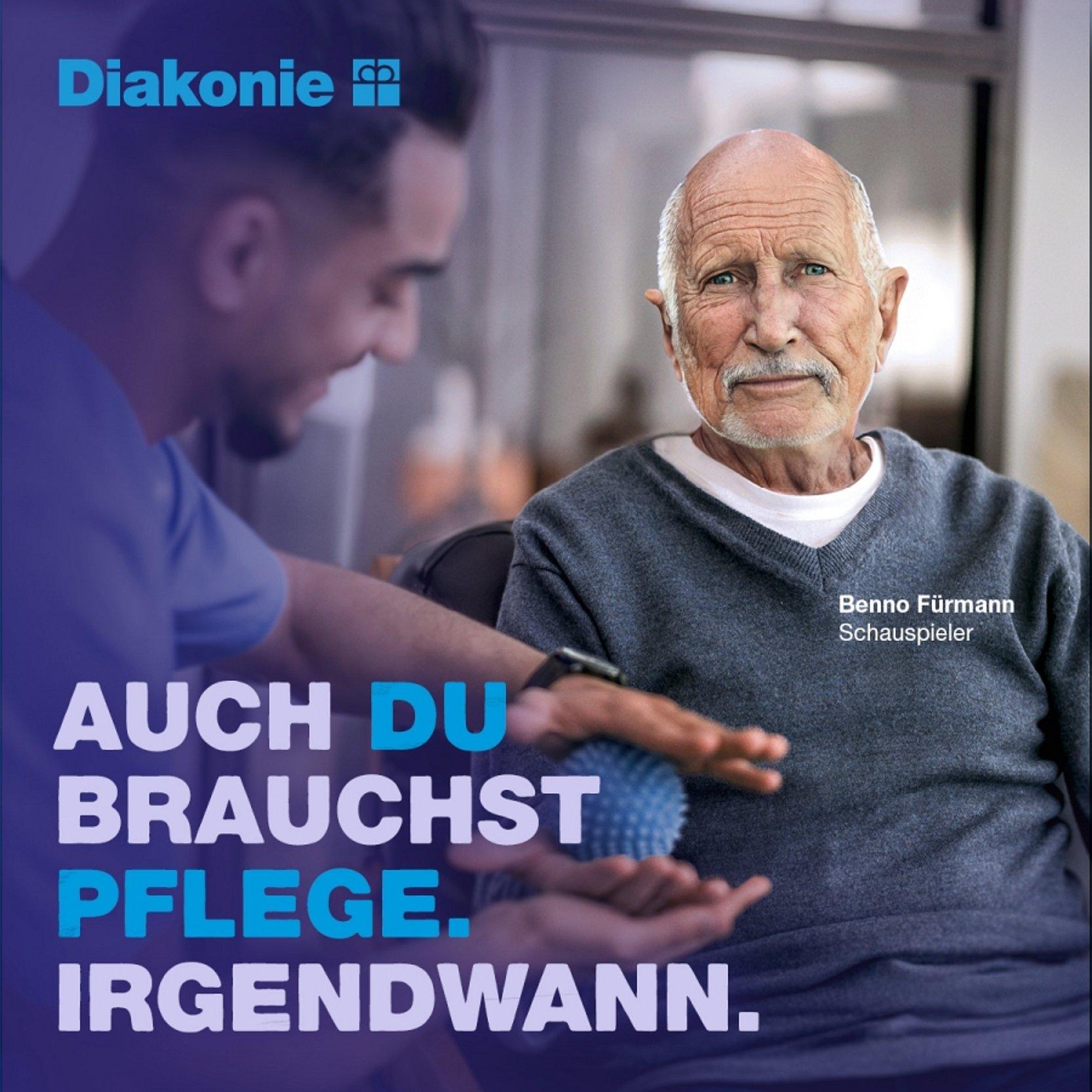 Diakonie Pflegekampagne 2024 Benno Fuermann Benno Führmann mittels KI gealtert im Rollstuhl