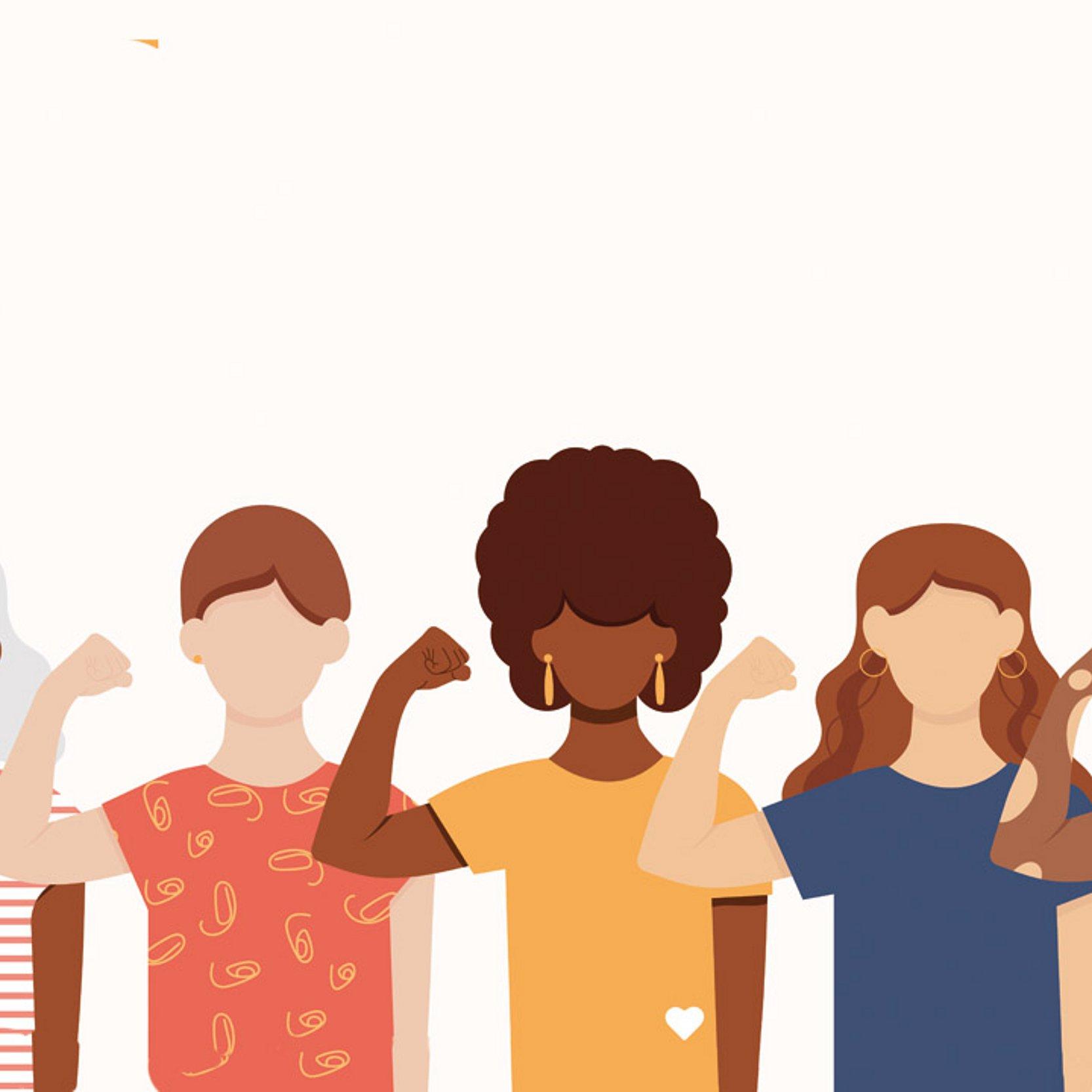 Frauentag Grafik mit Frauen, die kämpferisch ihre Faust heben