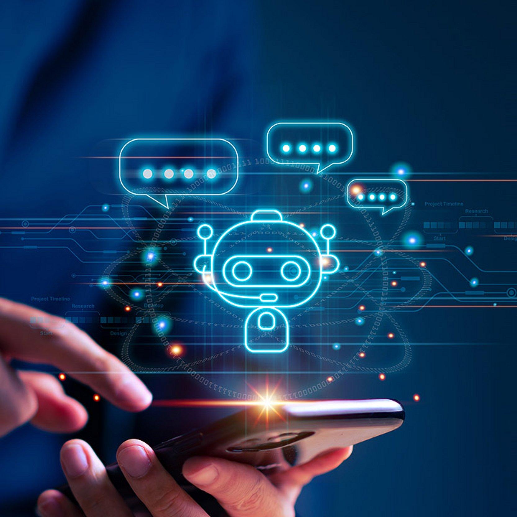 Künstliche Intelligenz Hand, die auf ein Smartphone tippt, darüber Sprechblasen