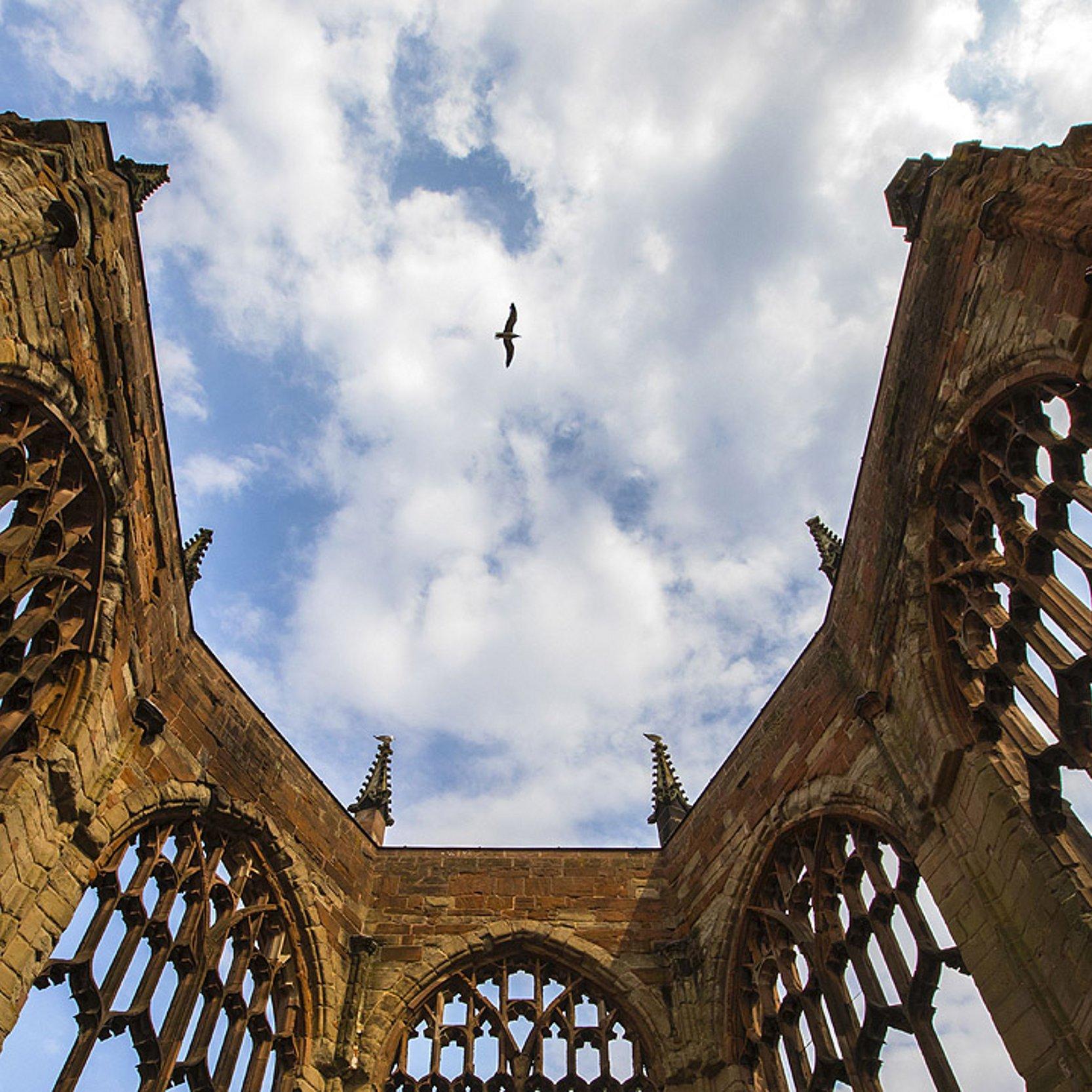 Coventry-Kathedrale Ein Vogel fliegt den Ruinen einer Kirche