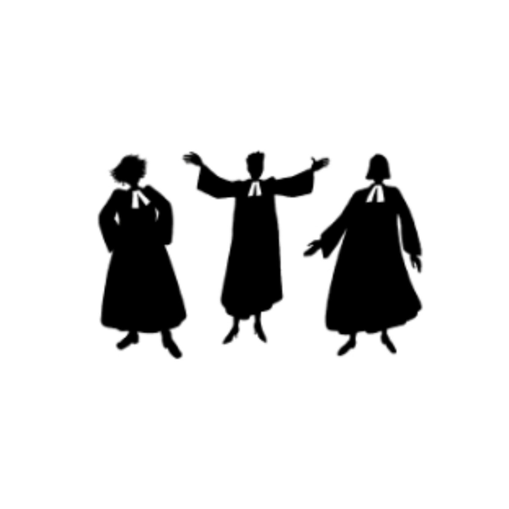 Logo Pfarrerinnentag Zeichnung von drei tanzenden Pfarrerinnen im Altar in schwarz weiß