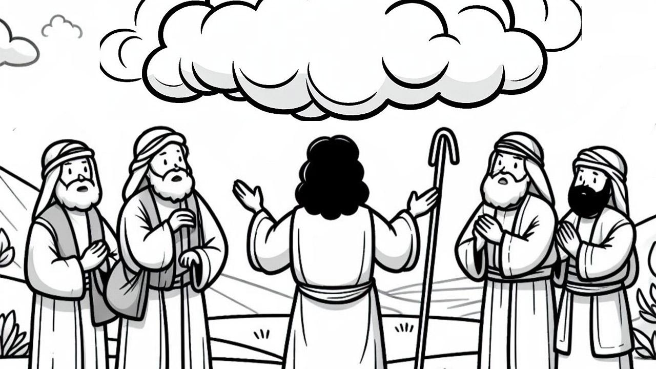 Einige Jünger Jesu schauen hoch zu einer Wolke