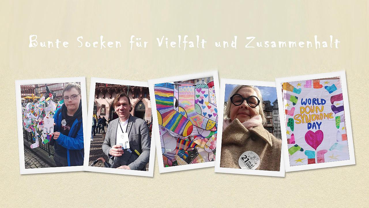 Down-Syndrom Kundgebung für Vielfalt Eine Fotocollage mit Personen und ausgemalten Sockenbildern