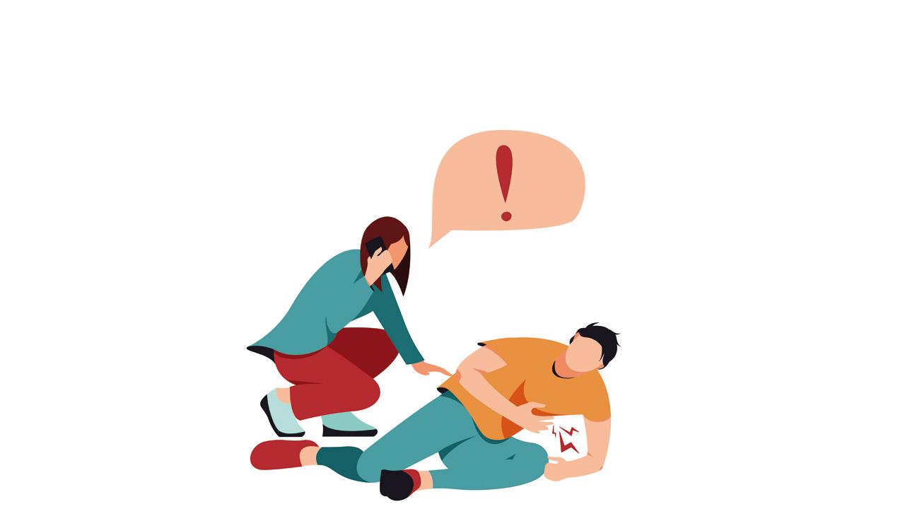 Grafik: Eine Frau wendet sich einem verletzten Mann zu