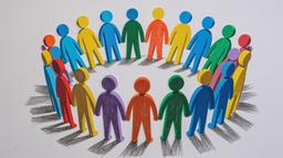 Bunte, stilisierte Papierfiguren von Menschen in verschiedenen Farben stehen im Kreis und halten sich an den Händen, symbolisieren Gemeinschaft, Vielfalt und Zusammenhalt auf hellem Hintergrund.