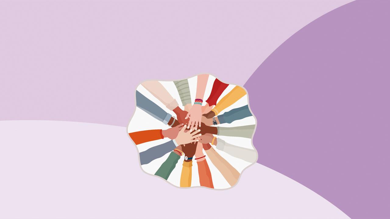 Grafik mit Händen unterschiedlicher Hautfarbe, die übereinander gelegt sind