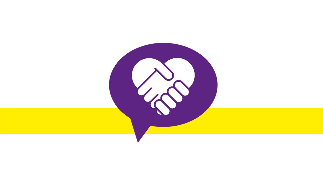 Händedruck in einer violetten Sprechblase