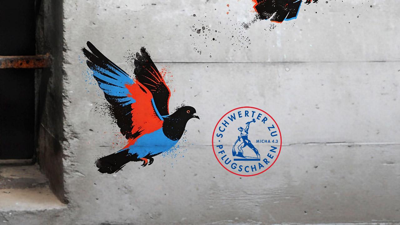 Gitterstäbe, daneben eine farbige Taube und das Logo