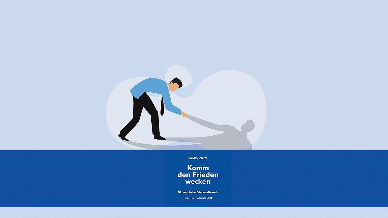 Ein Mann hebt einen Schatten-Mann auf, darunter das Motto