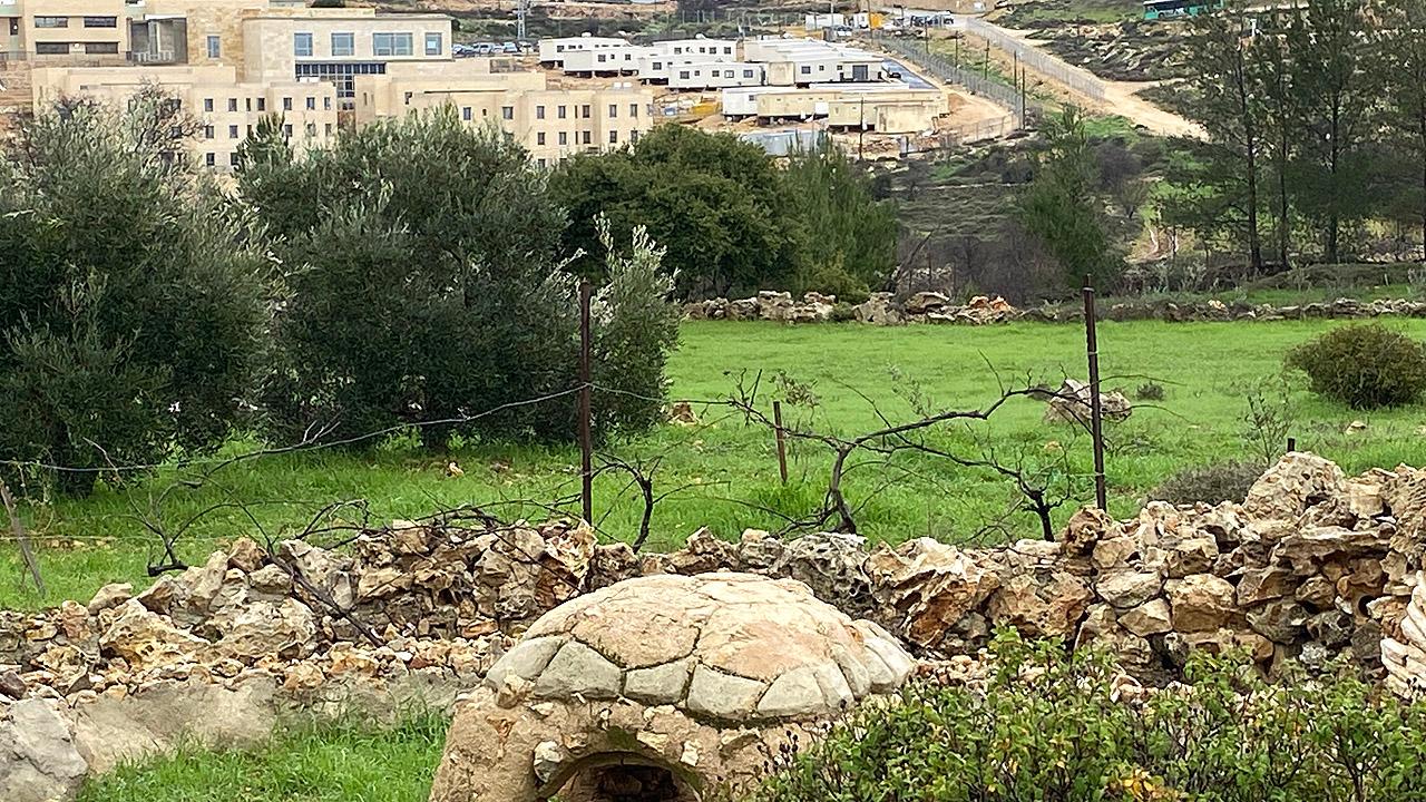 Palästina und jüdische Siedlungen Gras mit Steinmauern umgeben, dahinter moderne Gebäude