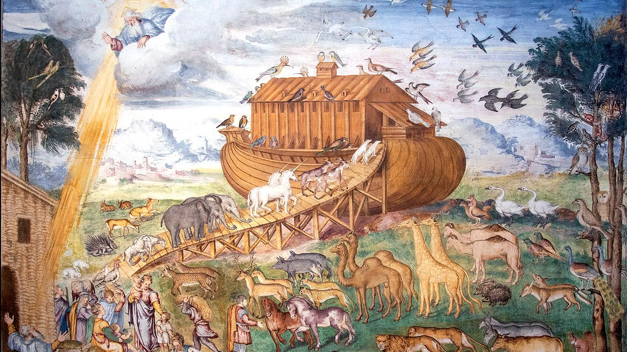 Gemälde, das die Arche Noah zeigt, in die paarweise viele Tiere hineingehen