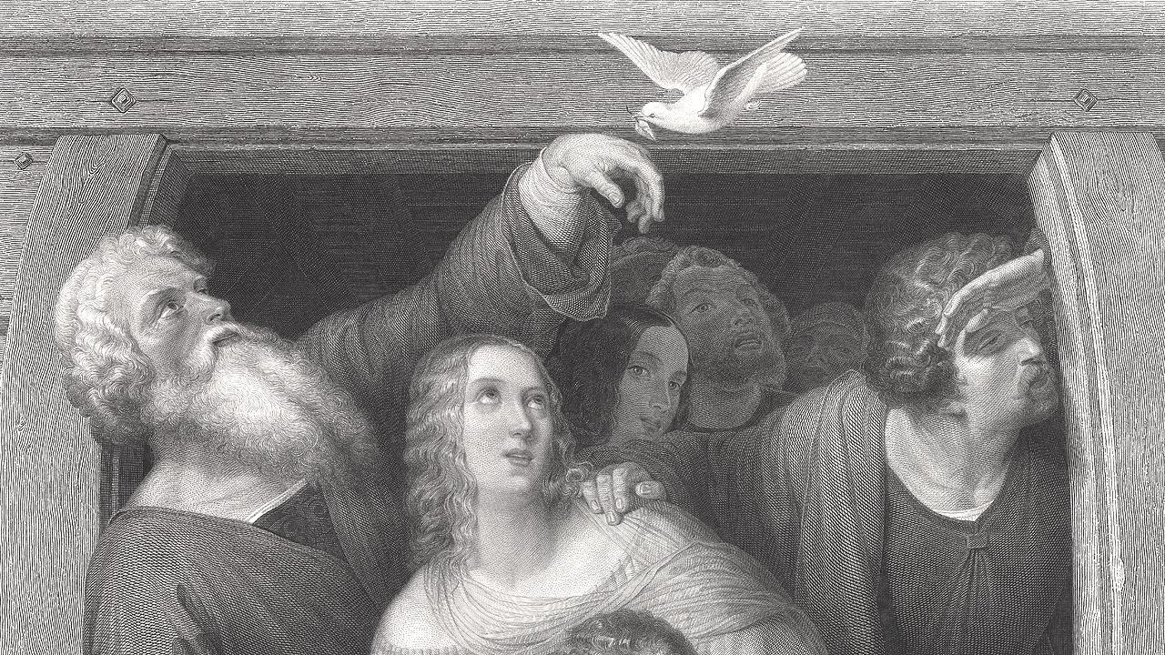 Noah und die Taube Das Gemälde zeigt Menschen, die aus einem Schiffsfenster schauen. Eine Taube fliegt zu einem alten Mann mit einem langen Bart.
