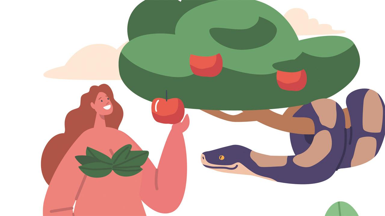 Eva hält die verbotene Frucht in der Hand, daneben die Schlange