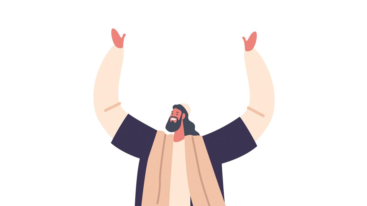 Psalmen Ein Mann hebt erfreut die Hände zum Himmel