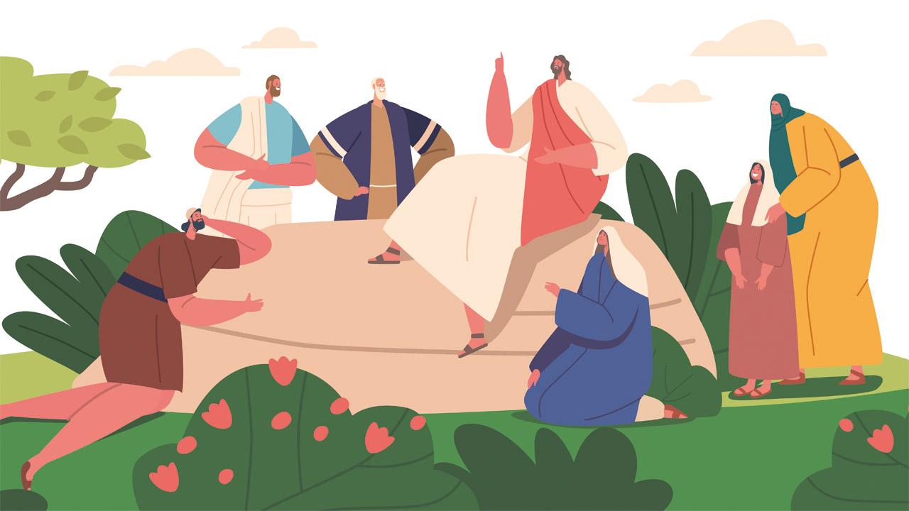 Bergpredigt Jesus sitzt auf einem Felsen, Menschen hören ihm zu