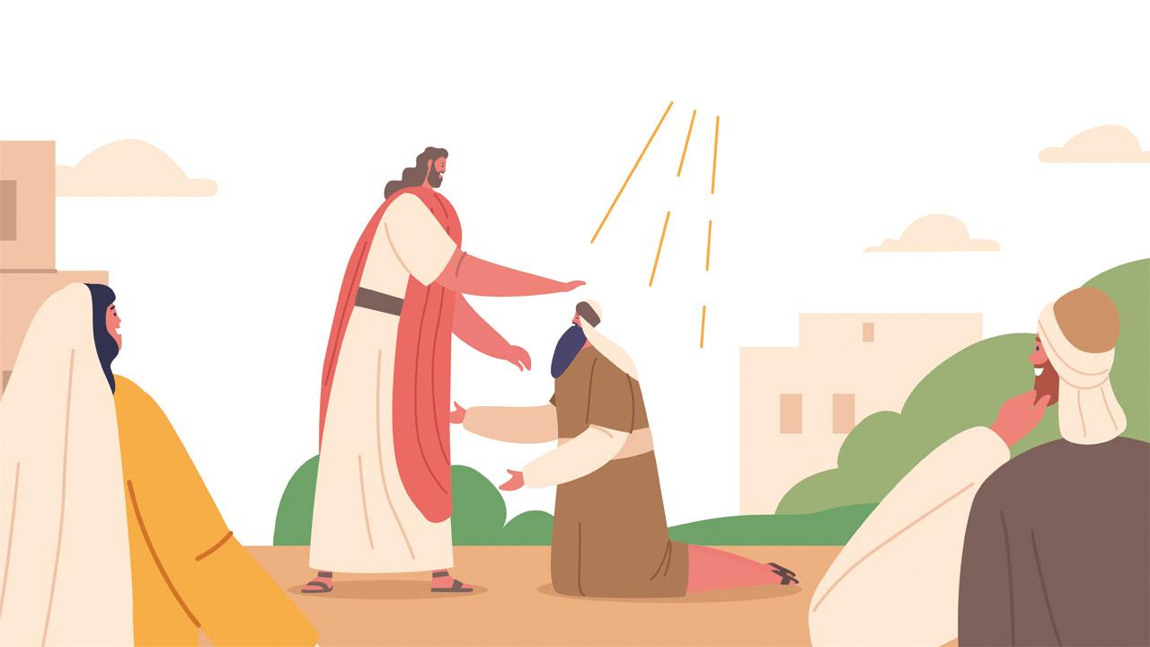 Heilung Jesus streckt die Hände zu einem Menschen aus, der vor ihm kniet