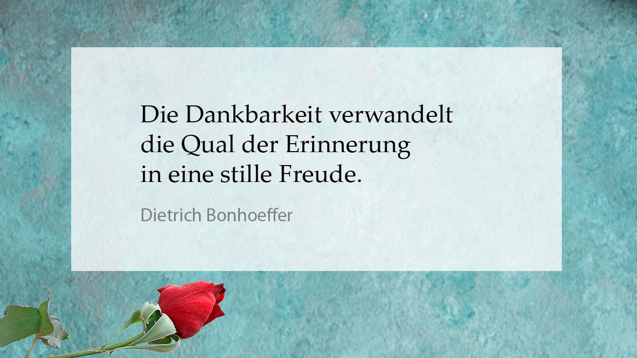 Tröstender Spruch Dietrich Bonhoeffer: Die Dankbarkeit verwandelt die Qual der Erinnerung in eine stille Freude.