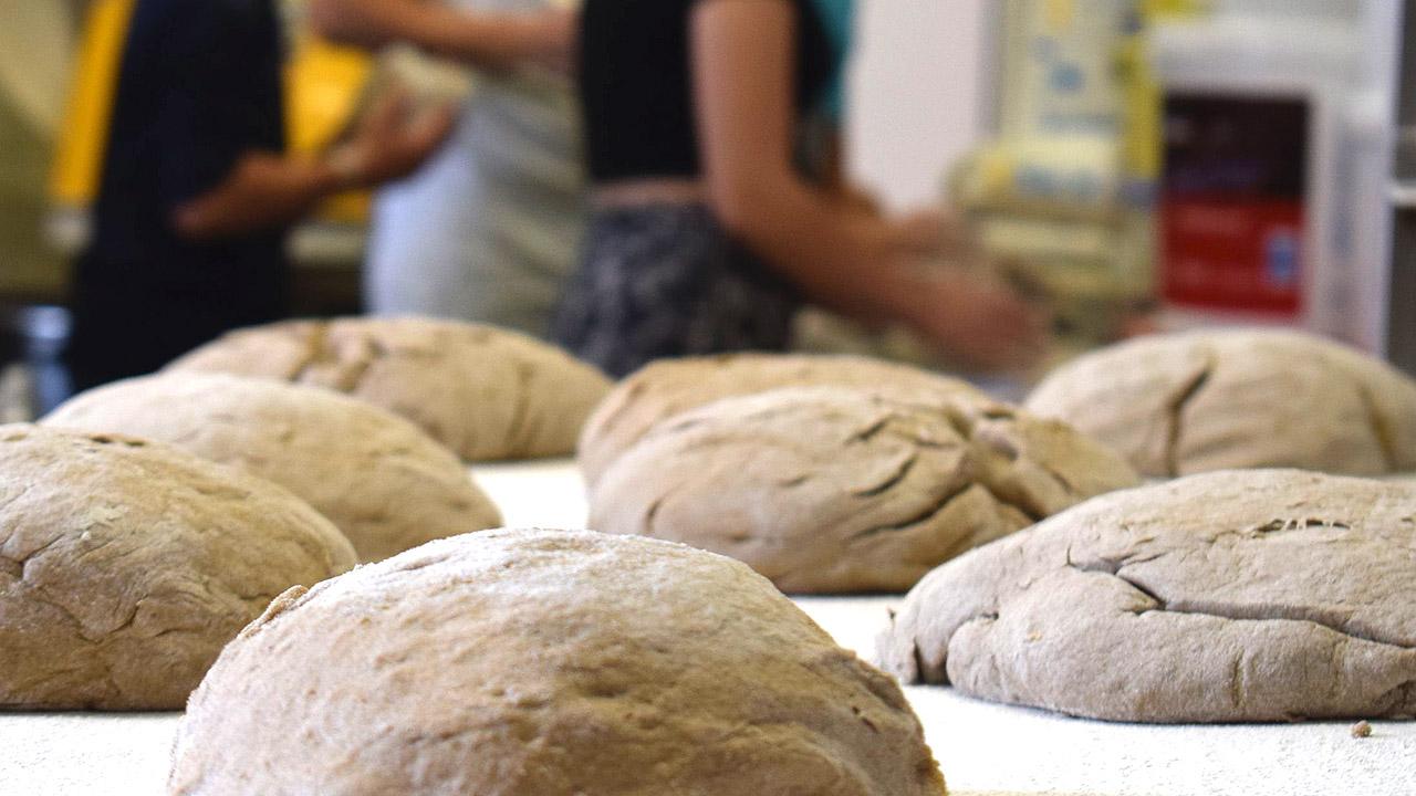 Im Vordergrund ein Blech mit Teigrohlingen, dahinter Jugendliche, die kneten
