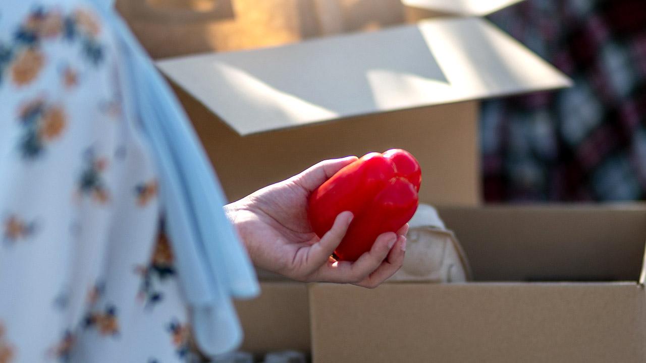 Eine Frau holt aus einem Karton eine rote Paprika