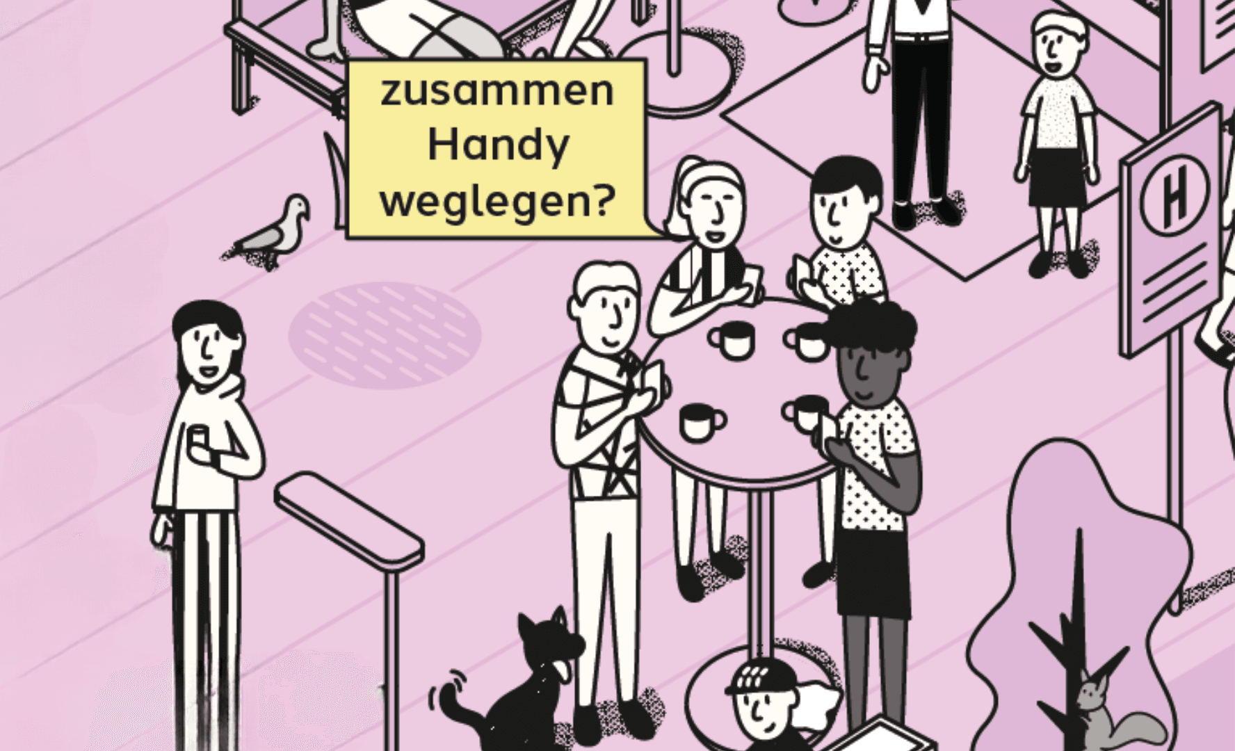 Eine Grafik mit verschiedenen Personen am Stehtisch auf rosa Hintergrund. Dazu die Frage "zusammen Handy weglegen?" in einer gelben Sprechblase