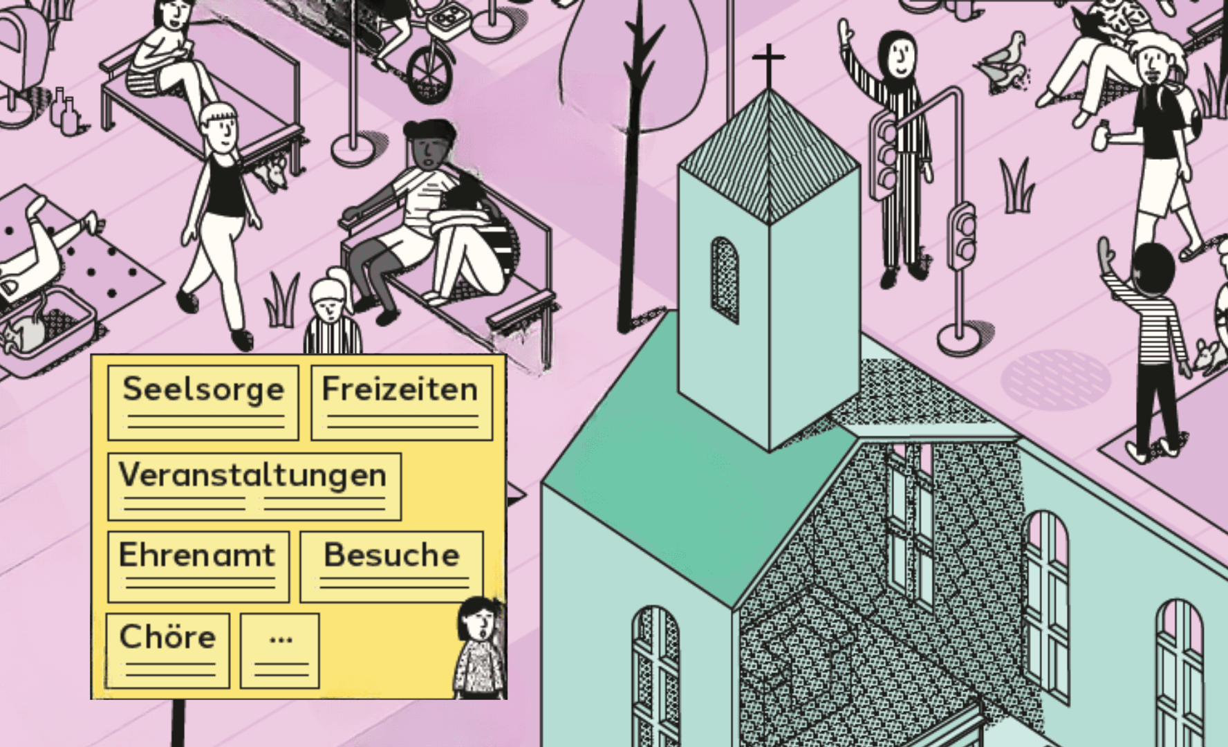die Grafik zeigt eine Kirche in grünem Ton mit einem großen gelben Schild mit diversen Bereichen wie Ehrenamt, Seelsorge etc. Im rosafarbenen Hintergrund einige Personen -