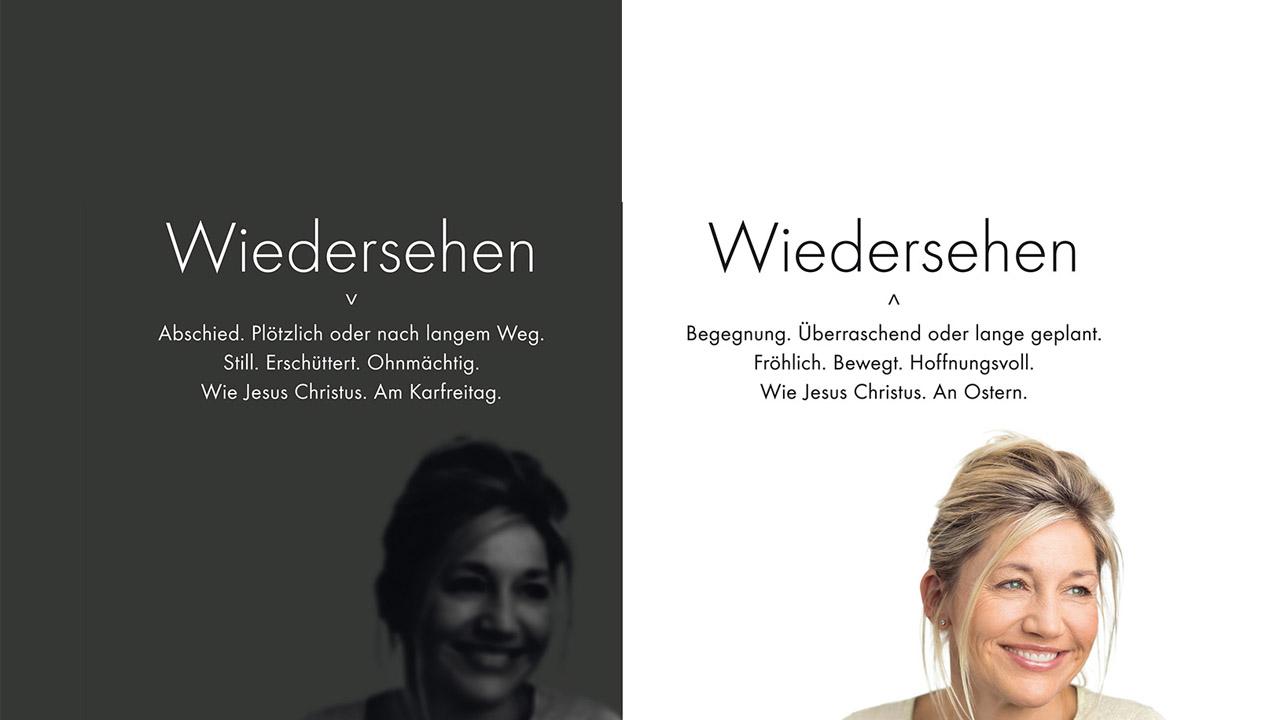 Ein dunkler Bereich mit trauriger Frau signalisiert Abschied, ein weißer Bereich mit fröhlicher Frau die Zuversicht