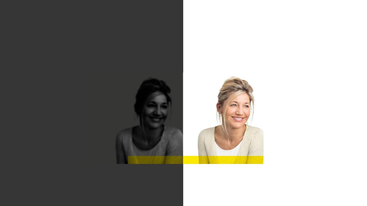 Eine Frau mit 2 Motiven: Einmal traurig vor schwarzem Hintergrund, einmal fröhlich vor weißem Hintergrund